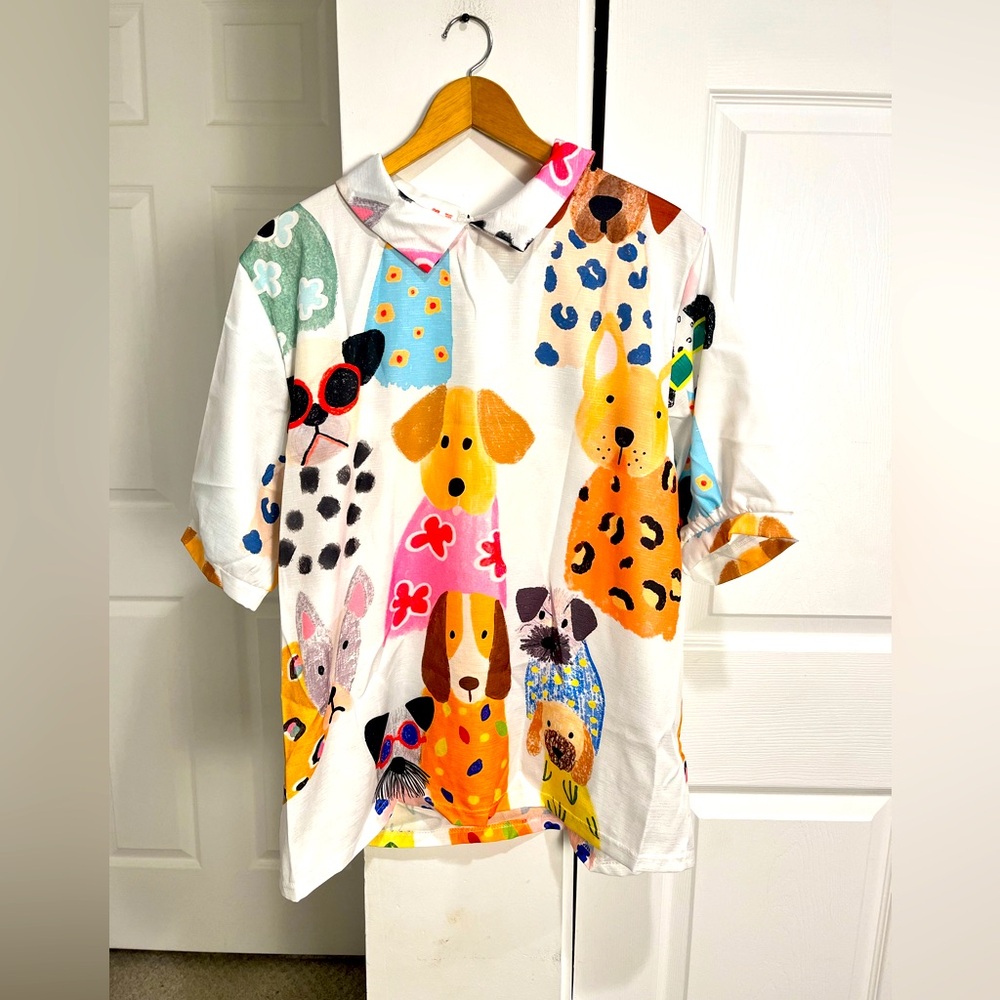 Whimsical Dog Print Short Sleeve Blouse - White Multicolor
